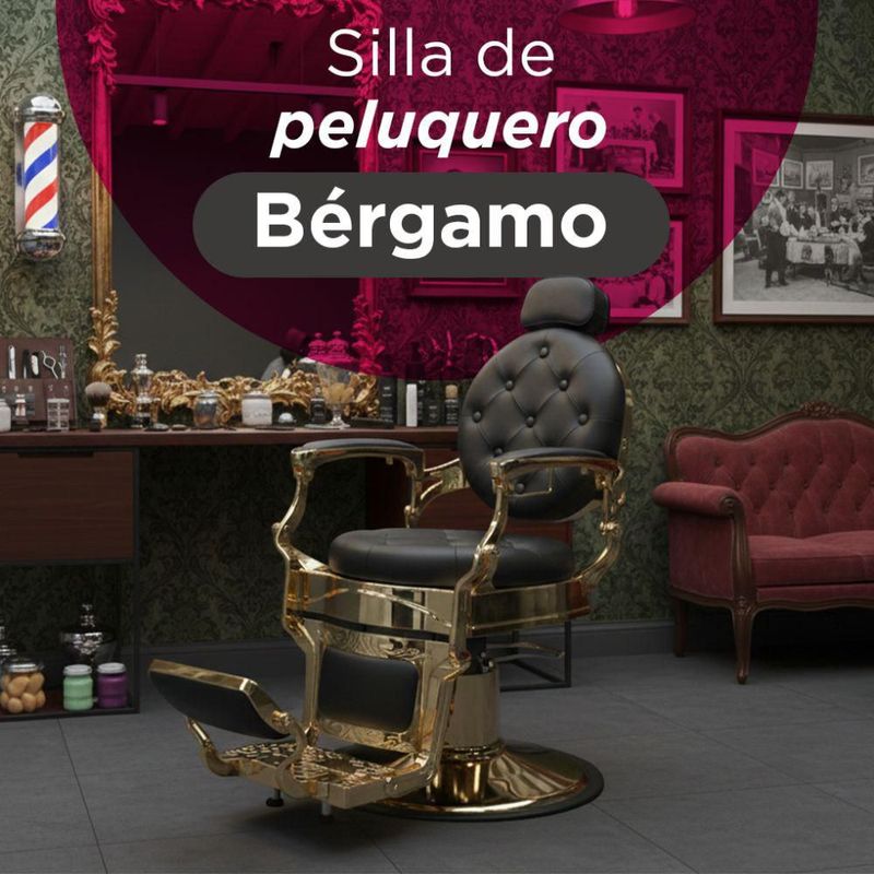 Sillón de Barbería Clásico Profesional Bergamo Vanlig Dorado Acero Reforzado Base Cromada