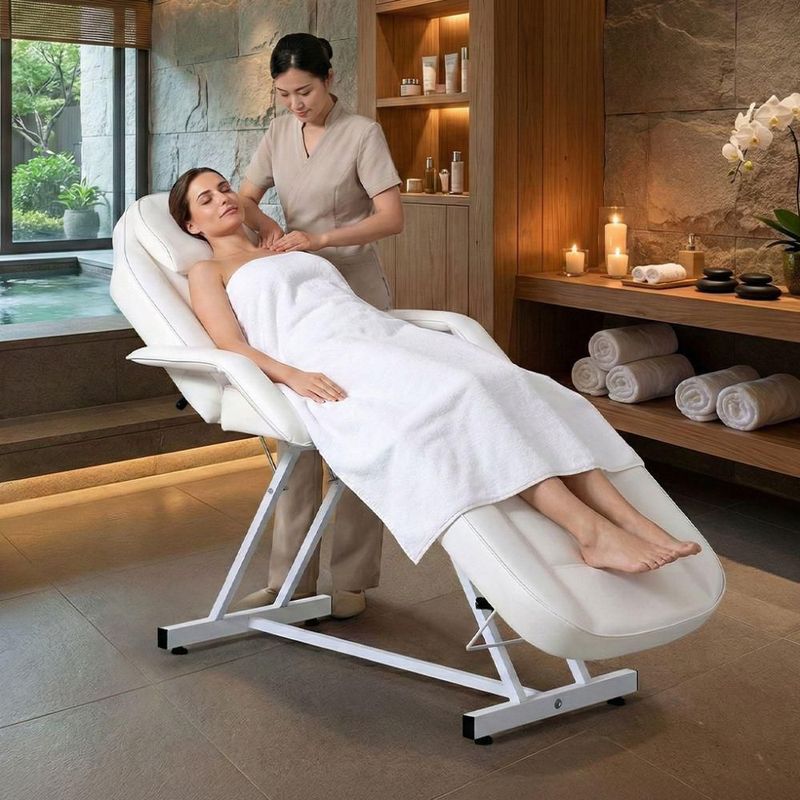 Camilla Thai Blanca Con Banco Vanlig Silla De Masajes Profesional Cama Spa Faciales Tatoo Ajustable 8 Posiciones