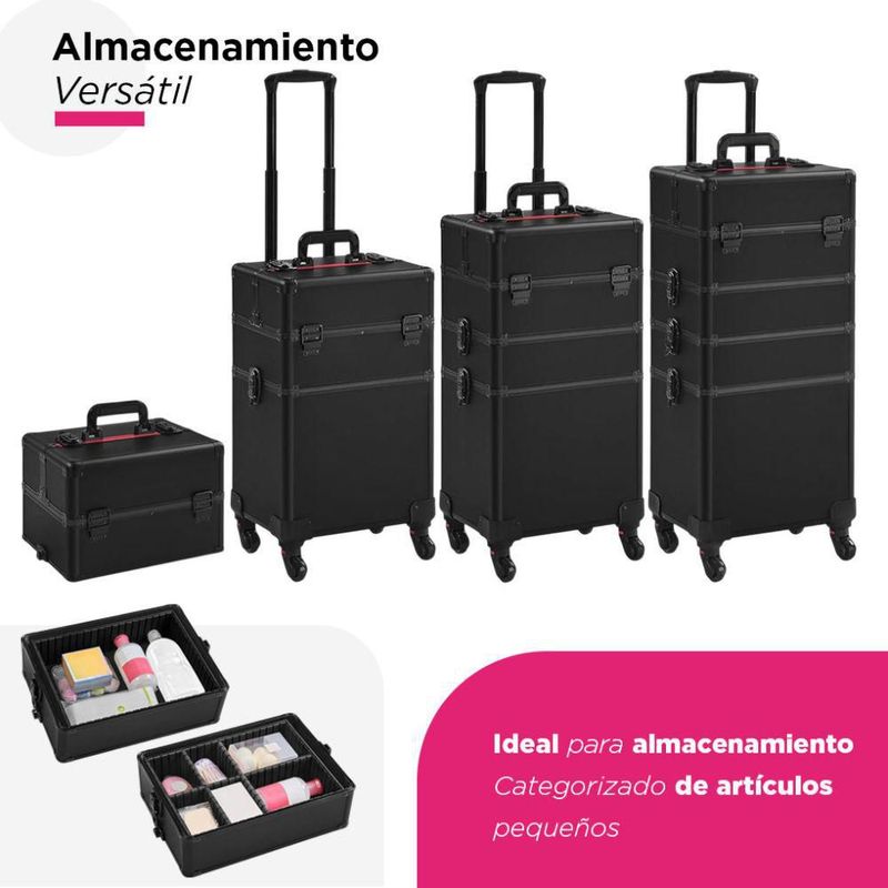 Maletín Profesional De Maquillaje 4 En 1 Verona Vanlig Con Compartimentos Desmontables Y Ruedas 360° y Estructura Reforzada Neceser Barber Lash Negro