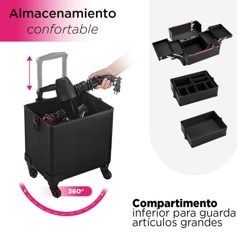 Maletín Profesional De Maquillaje 4 En 1 Verona Vanlig Con Compartimentos Desmontables Y Ruedas 360° y Estructura Reforzada Neceser Barber Lash Negro
