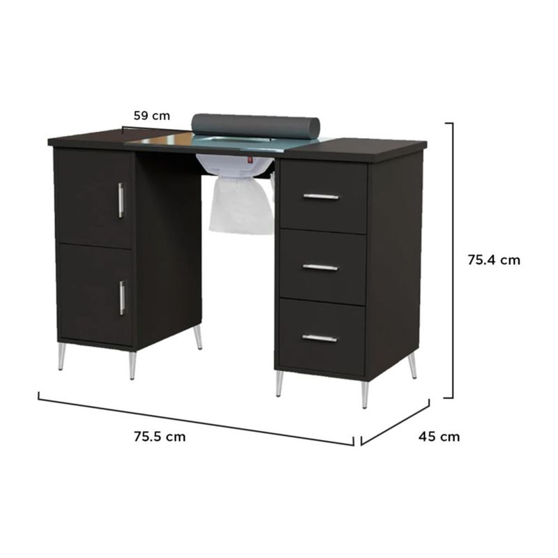 Mesa De Manicura Negra Con Extractor De Polvo Vanlig Tablero De Vidrio Cajones De Almacenaje y Cojín de Muñeca Uñas Salon Estética