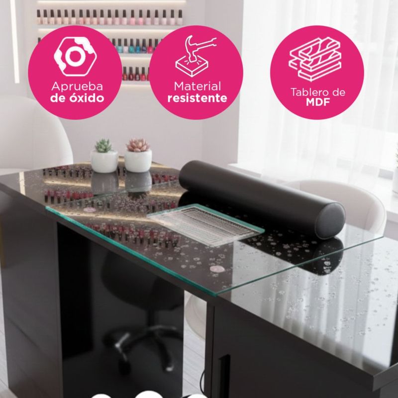 Mesa De Manicura Negra Con Extractor De Polvo Vanlig Tablero De Vidrio Cajones De Almacenaje y Cojín de Muñeca Uñas Salon Estética