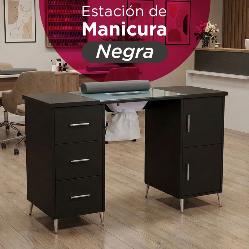 Mesa De Manicura Negra Con Extractor De Polvo Vanlig Tablero De Vidrio Cajones De Almacenaje y Cojín de Muñeca Uñas Salon Estética