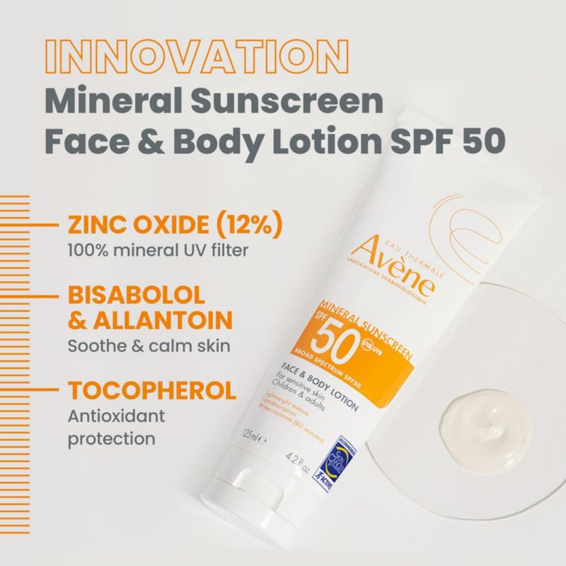 Loción de protección solar Avene Mineral SPF 50 para rostro y cuerpo 125 ml