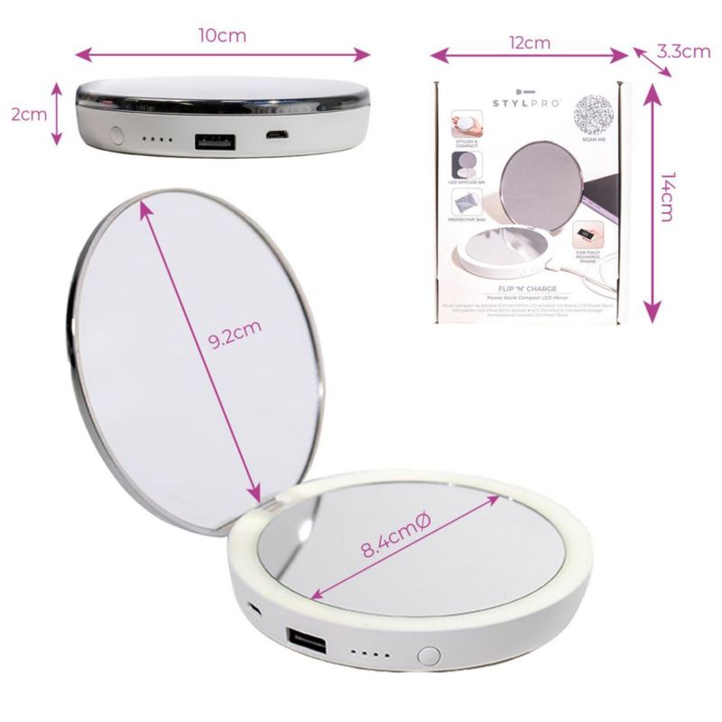 Espejo Compacto con Power Bank StylPro Flip N Charge y Luz LED