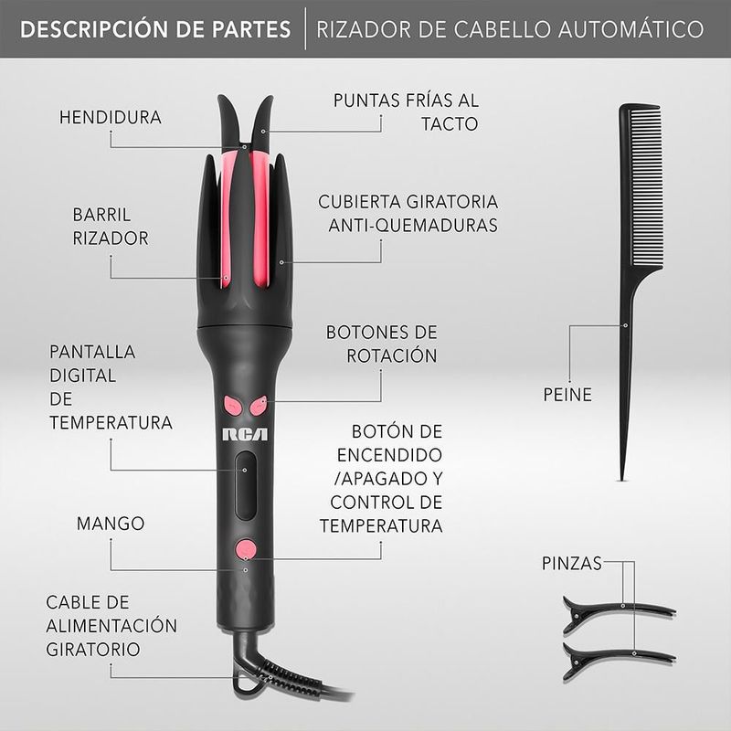 RCA Rizador de Cabello Automático con Cubierta Protectora Antiquemaduras Y Calentamiento Rápido RC-PR