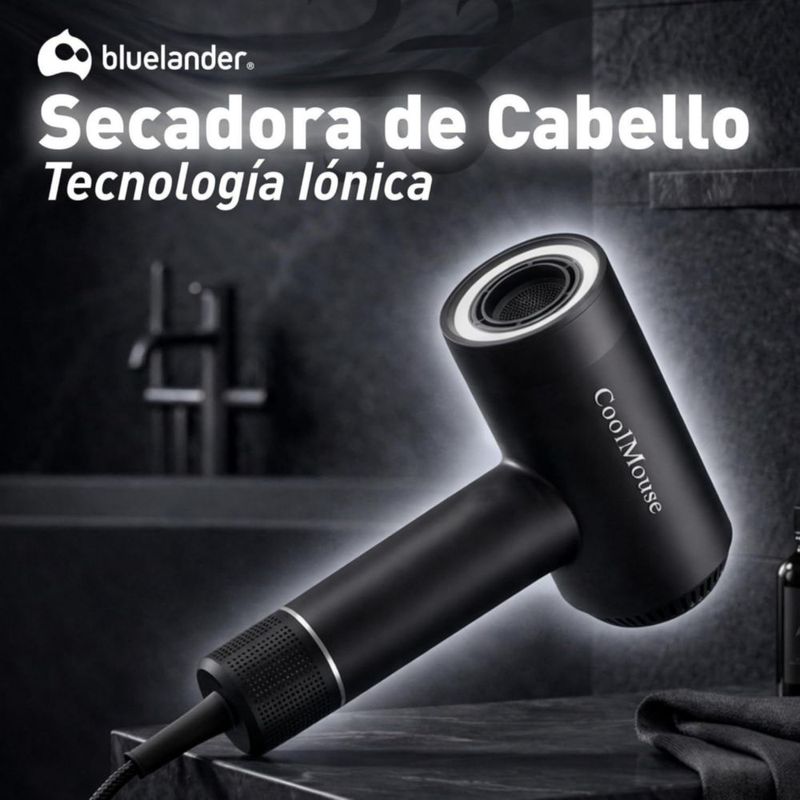 Secadora de Cabello 1500W con Tecnología Iónica y Multiplicadora de Aire, 2 Velocidades y 4 Ajustes de Calor, Difusor y Boquilla, Ligera (Negro)