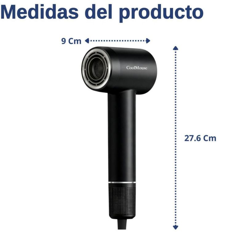 Secadora de Cabello 1500W con Tecnología Iónica y Multiplicadora de Aire, 2 Velocidades y 4 Ajustes de Calor, Difusor y Boquilla, Ligera (Negro)