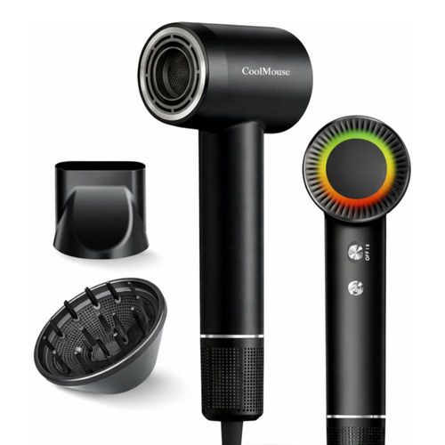 Secadora de Cabello 1500W con Tecnología Iónica y Multiplicadora de Aire, 2 Velocidades y 4 Ajustes de Calor, Difusor y Boquilla, Ligera (Negro)