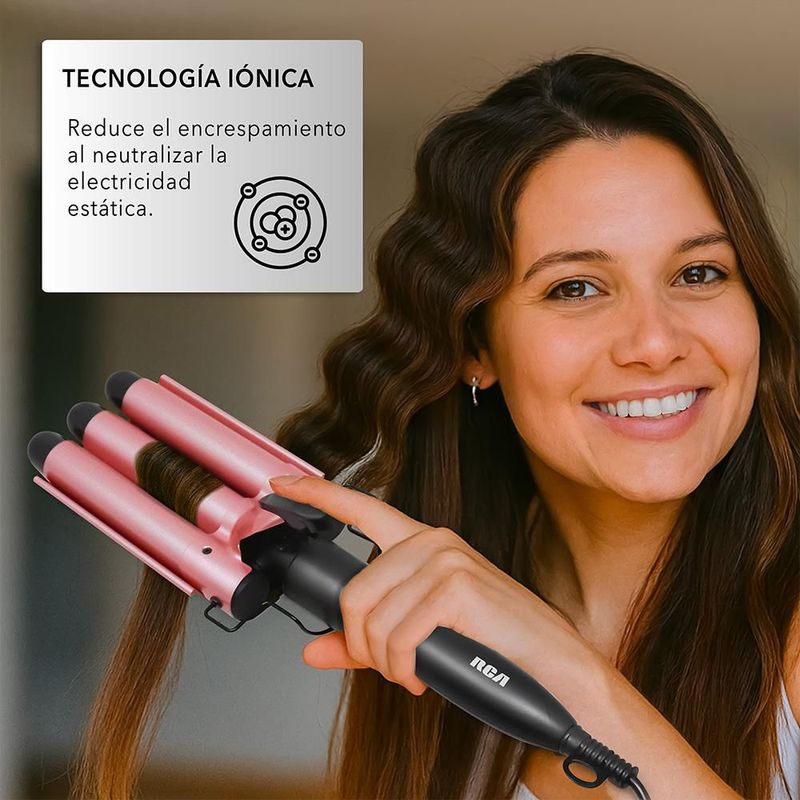 RCA Rizador de Cabello Tipo Wafflera, Cerámica Turmalina con Tecnología Iónica para Ondas Tipo Sirena y Menos Frizz, Calentamiento Rápido RC-PW2