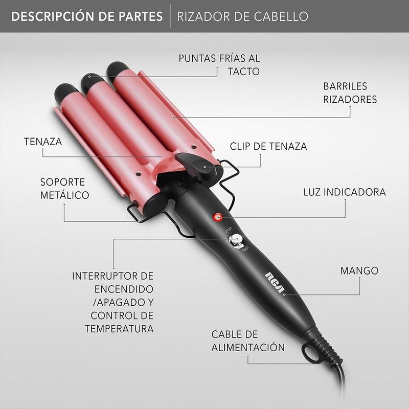 RCA Rizador de Cabello Tipo Wafflera, Cerámica Turmalina con Tecnología Iónica para Ondas Tipo Sirena y Menos Frizz, Calentamiento Rápido RC-PW2