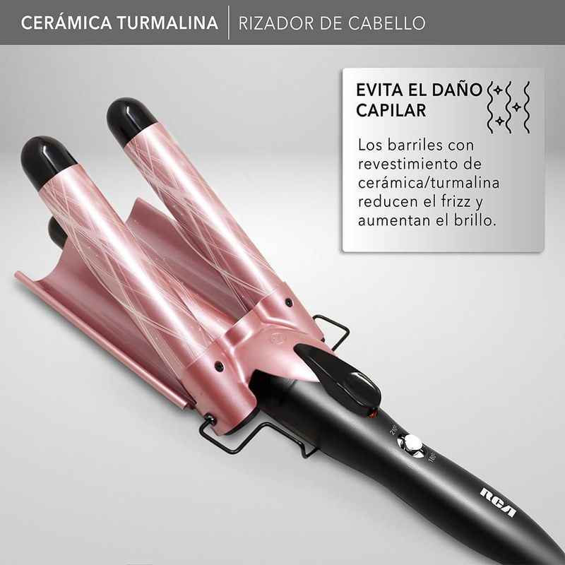 RCA Rizador de Cabello Tipo Wafflera, Cerámica Turmalina con Tecnología Iónica para Ondas Tipo Sirena y Menos Frizz, Calentamiento Rápido RC-PW2