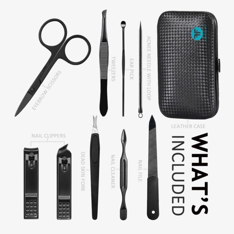 Set de manicura HANTEKAS 9 en 1 de acero inoxidable con funda de piel