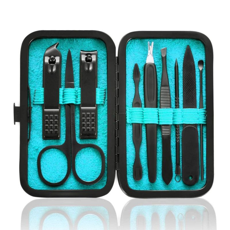 Set de manicura HANTEKAS 9 en 1 de acero inoxidable con funda de piel