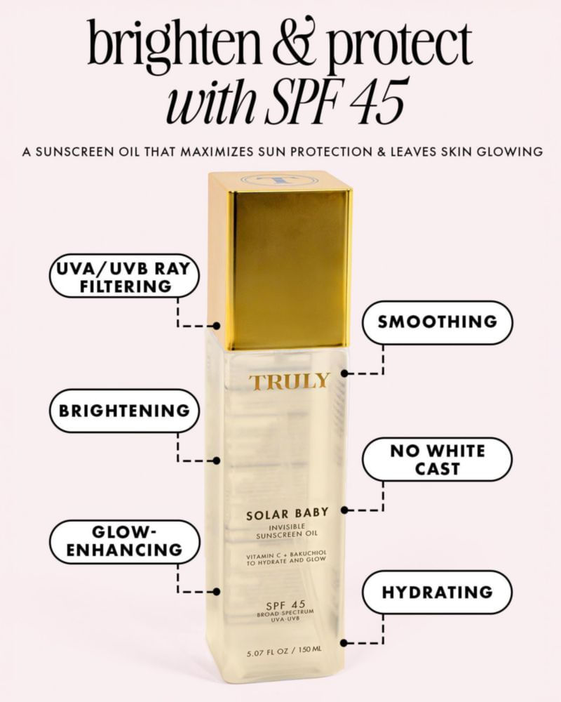 Truly Beauty Solar Baby Aceite Solar Invisible SPF 45 | Aceite corporal ligero con protección solar para una piel luminosa | Protección de amplio