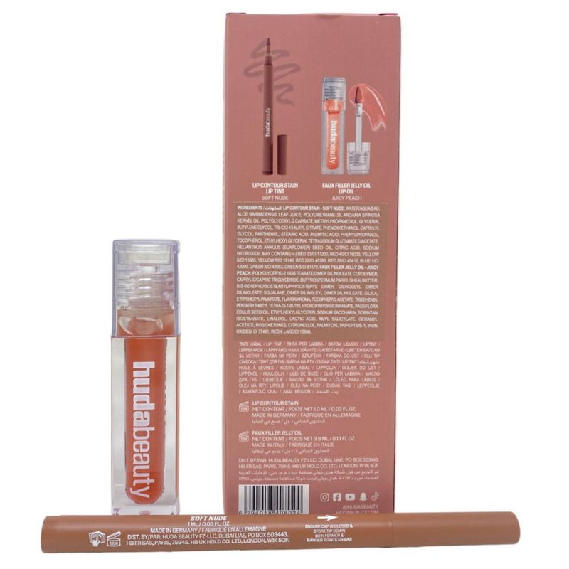 Huda BEAUTY Make Out Sesh Duo de Labios - Tinte para Contorno de Labios y Brillo Labial Faux Filler - Tonos Nude Durazno - Edición Limitada
