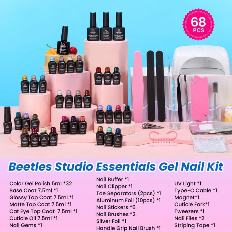 Kit de Esmalte de Uñas en Gel Beetles 32 Colores con Luz UV 68 Piezas