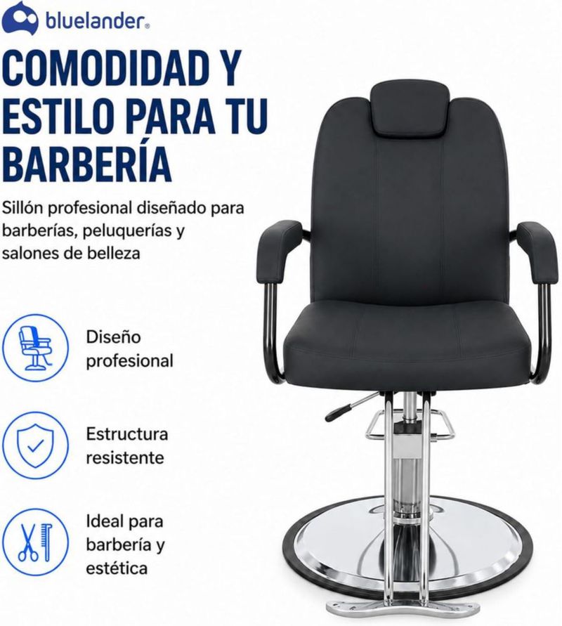 Bluelander Sillón de Barbero Profesional 62 × 52 × 94 cm, Ajustable, Cuero Sintético y Estructura de Acero , Asiento Giratorio, Soporta 300 kg, Negro.