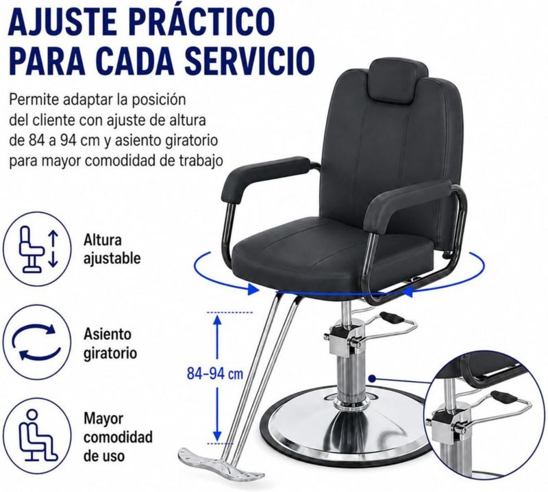 Bluelander Sillón de Barbero Profesional 62 × 52 × 94 cm, Ajustable, Cuero Sintético y Estructura de Acero , Asiento Giratorio, Soporta 300 kg, Negro.