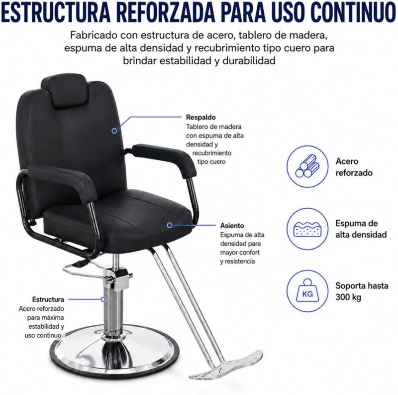 Bluelander Sillón de Barbero Profesional 62 × 52 × 94 cm, Ajustable, Cuero Sintético y Estructura de Acero , Asiento Giratorio, Soporta 300 kg, Negro.