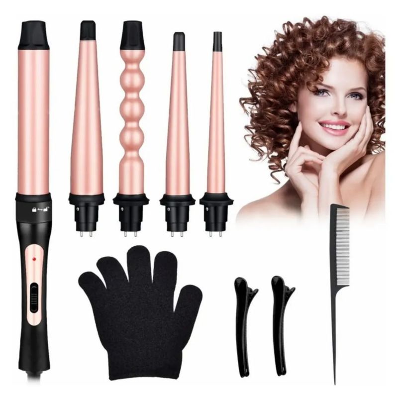 5 En 1 Rizador De Cabello Cerámica Profesional Con Guante Color Rosa/Negro