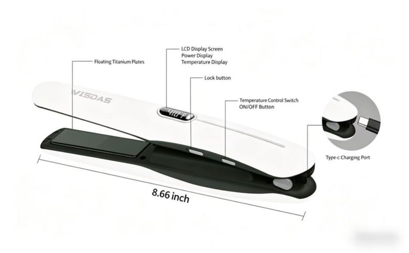 Plancha de Pelo WISDAS 2 en 1 Sin Cable con Placas de Titanio y Carga USB