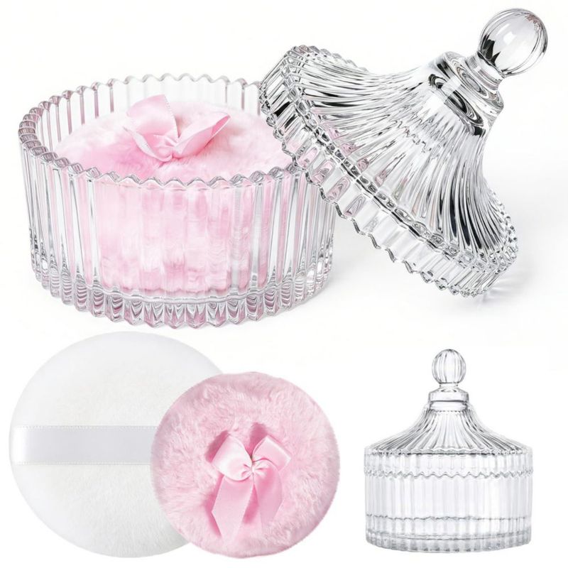 Set de Polvera y Puff Corporal LAKIRA con Contenedor de Cristal de 10 cm