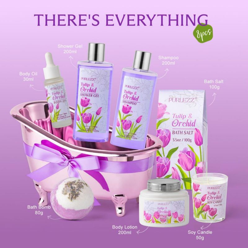 Kit de Baño Purlezz Tulipán y Orquídea – Set Hidratante de 8 Piezas