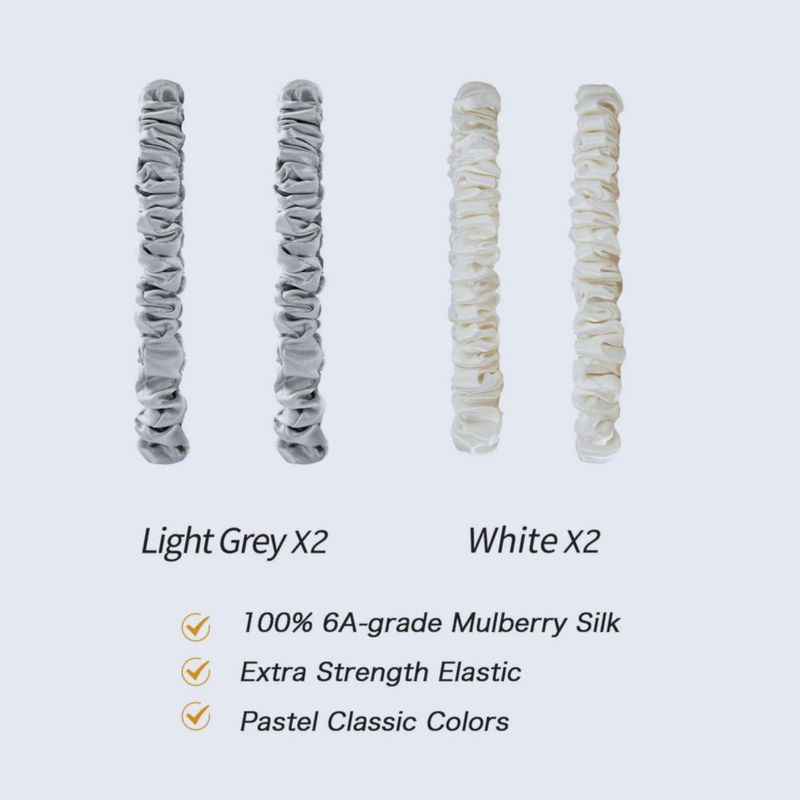 Goma para el pelo MIWEN de seda blanca y gris paquete de 4 22 Momme