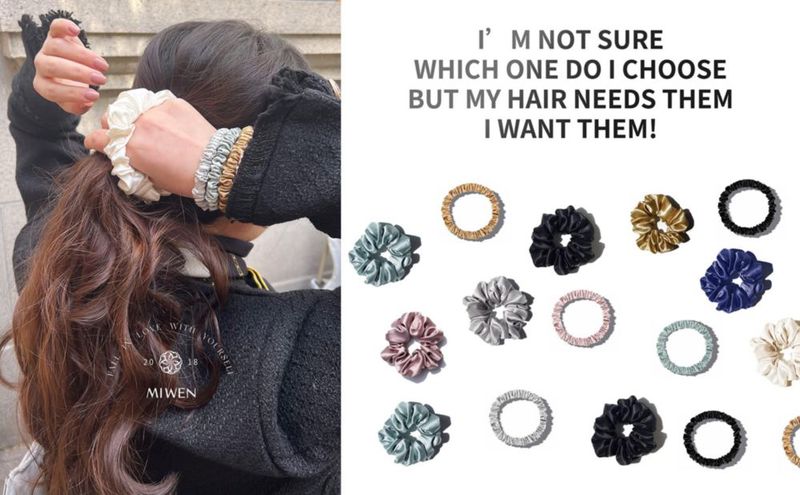 Goma para el pelo MIWEN de seda blanca y gris paquete de 4 22 Momme