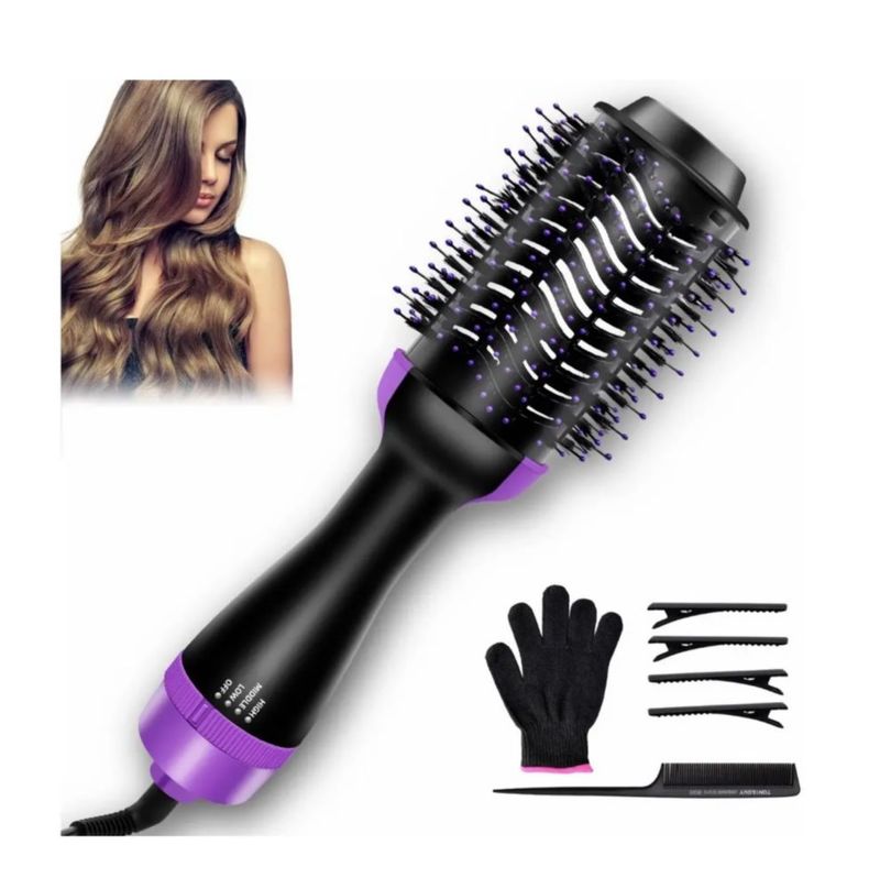Cepillo Cabello Secador 4 En 1 Alaciador De Iones Negativos Color Negro/Morado