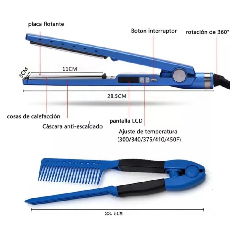 Kit De Plancha Alaciadora 450° , tenaza Rizadora, Color Azul