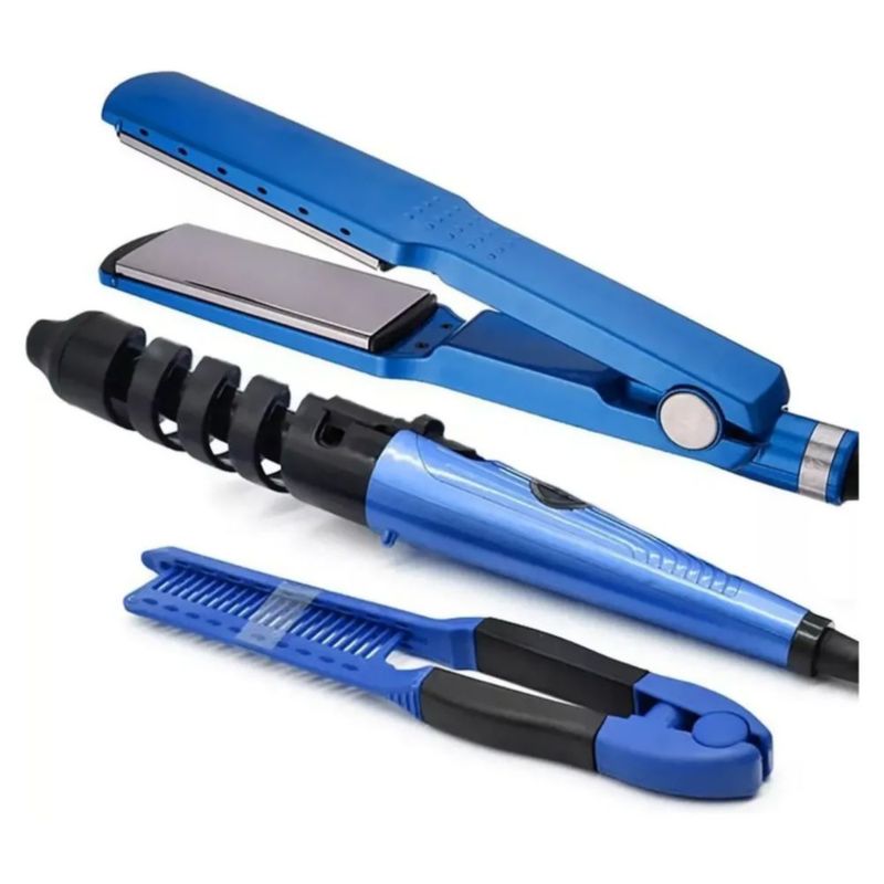 Kit De Plancha Alaciadora 450° , tenaza Rizadora, Color Azul