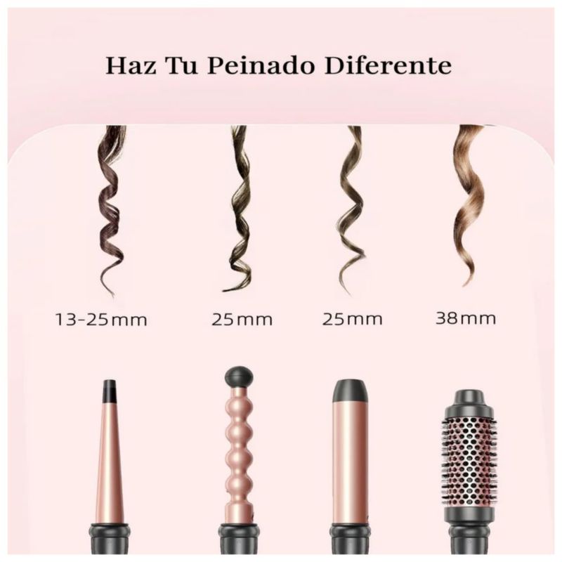 4 En 1 Plancha Rizadora De Cabello Cerámica Profesional Rosa con Negro