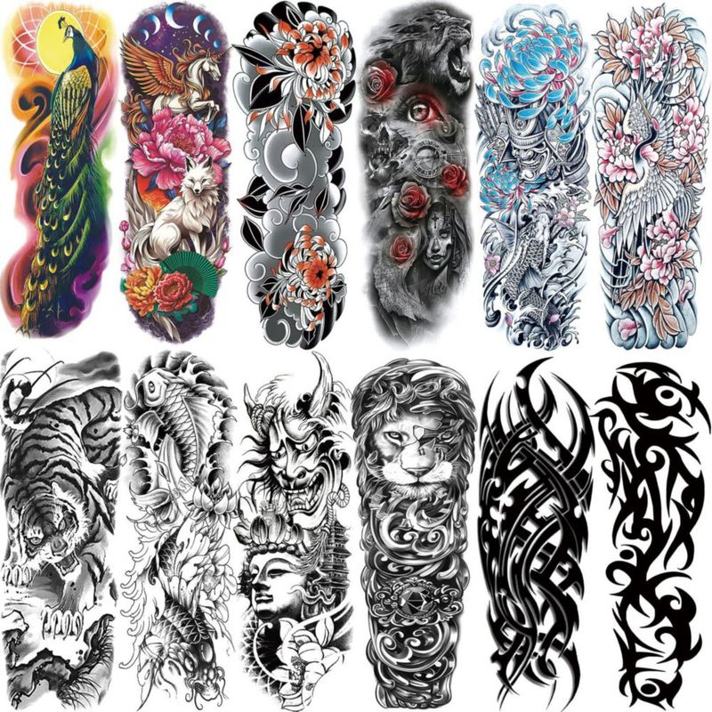 Tatuajes Temporales VERKSTAD 12 Láminas Flores y Dragón