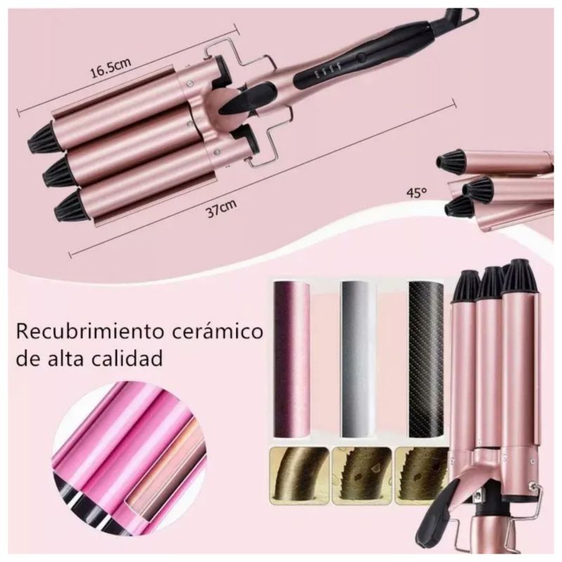 Tenaza Rizadora Cabello Para Ondas, Temperatura Ajustable, Color Rosa