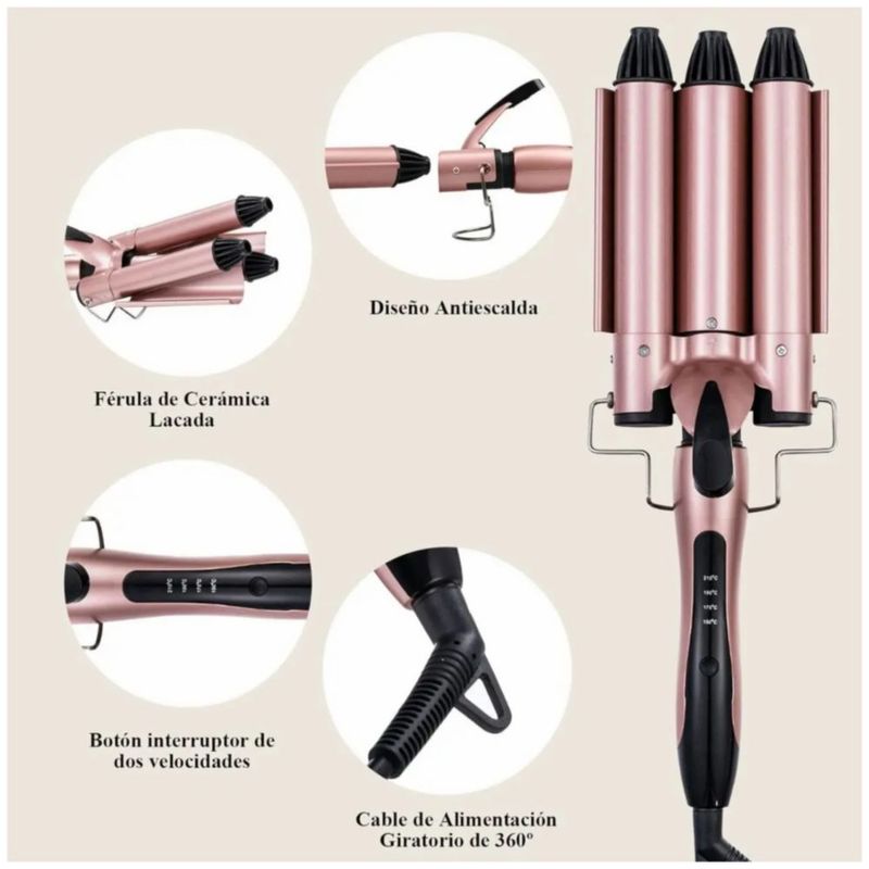 Tenaza Rizadora Cabello Para Ondas, Temperatura Ajustable, Color Rosa
