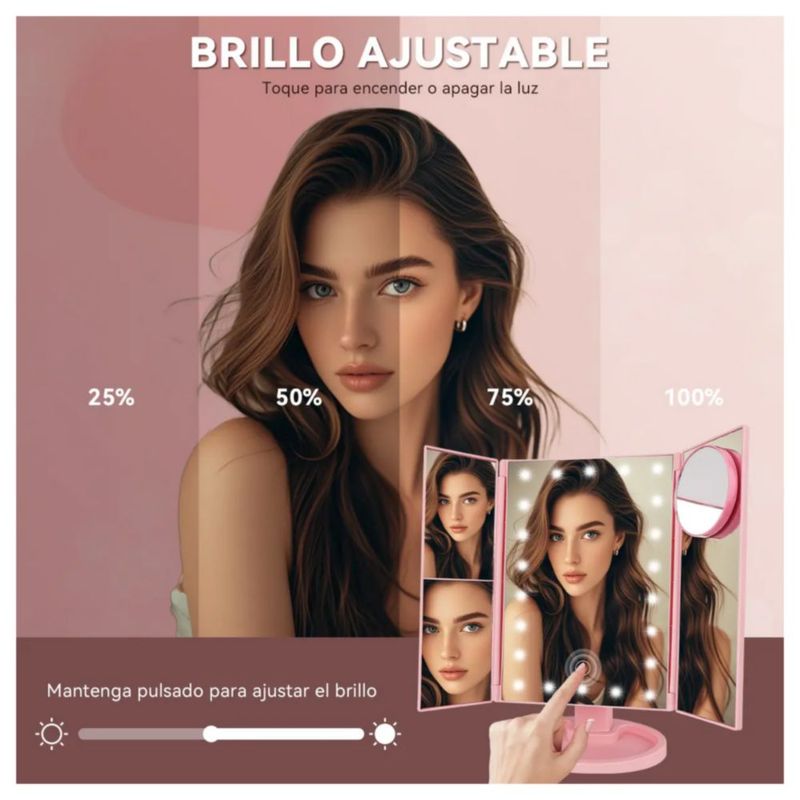 Espejo Maquillaje Plegable Con Luz Tríptica Aumentos 3x/2x, Color Rosa