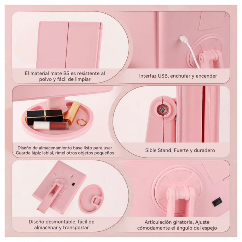 Espejo Maquillaje Plegable Con Luz Tríptica Aumentos 3x/2x, Color Rosa
