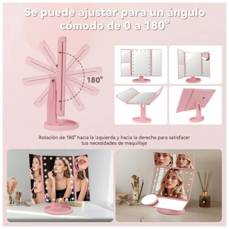 Espejo Maquillaje Plegable Con Luz Tríptica Aumentos 3x/2x, Color Rosa