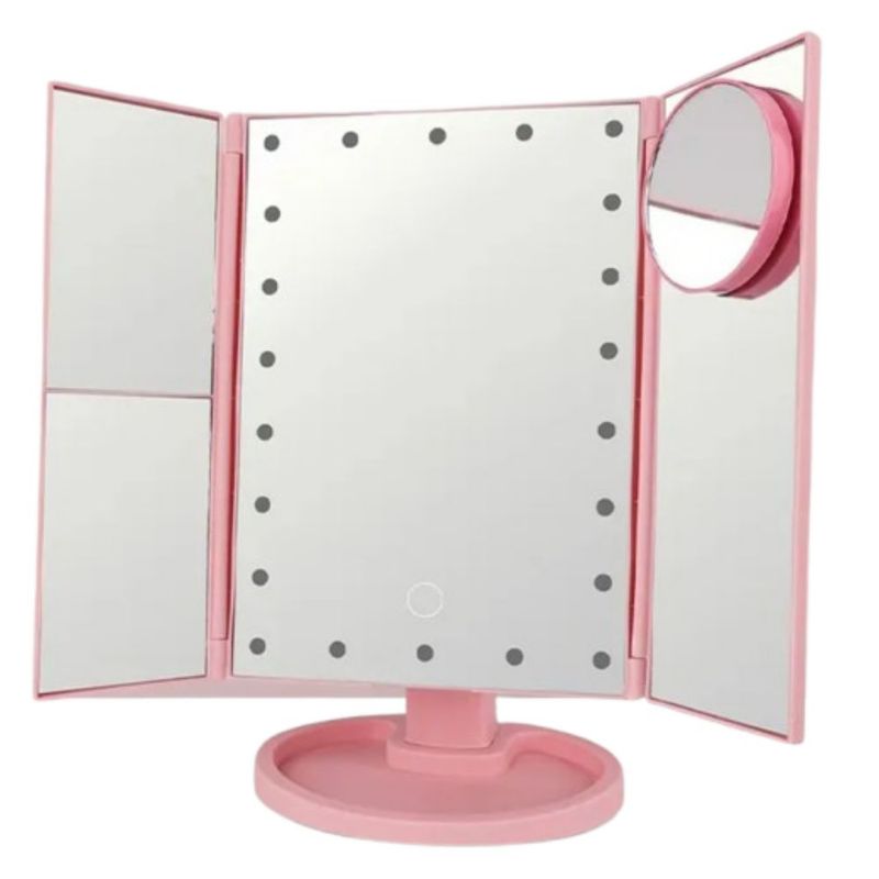Espejo Maquillaje Plegable Con Luz Tríptica Aumentos 3x/2x, Color Rosa