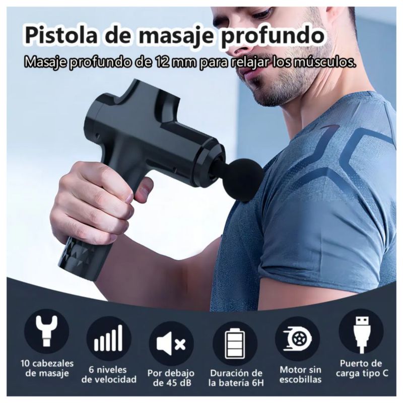 Pistola De Masaje 6 Velocidades 5000mah Pantalla Lcd, Color Negro