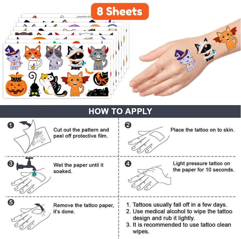 Tatuajes temporales frawharmone 96 unidades Gato Halloween