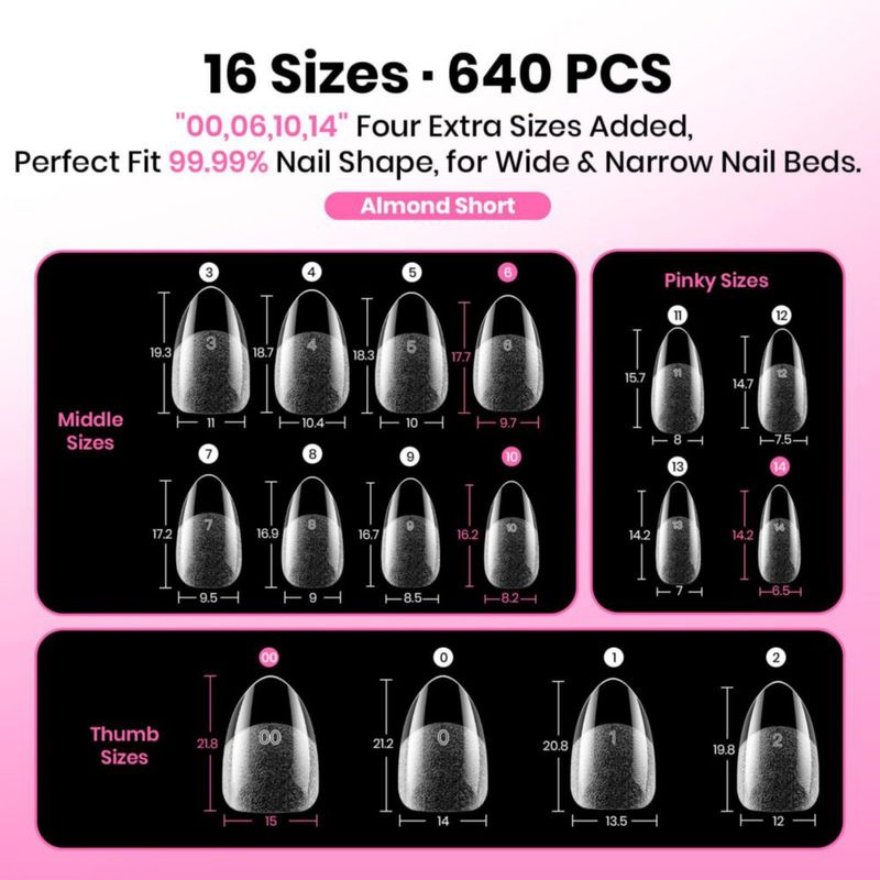 Puntas de uñas almendra corta Beetles Gel 640 piezas 16 tallas