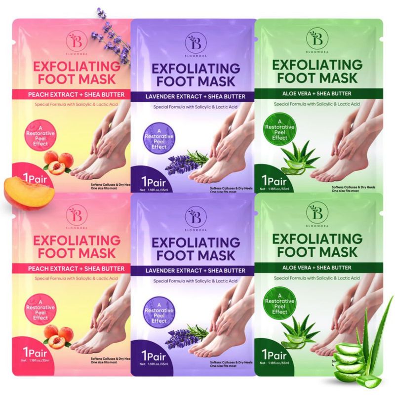 Mascarilla Peeling para Pies BLOOMORA 6 pares Lavanda Aloe y Melocotón