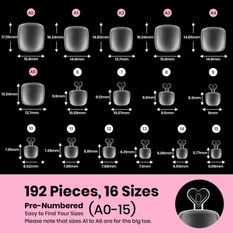 Puntas de uñas para pie beetles Gel Polish 192 piezas 16 tallas