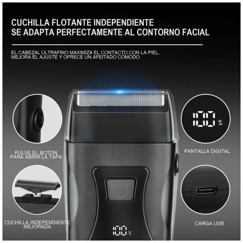 Rasuradora Eléctrica Recargable Afeitadora Para Barba, Color Negro