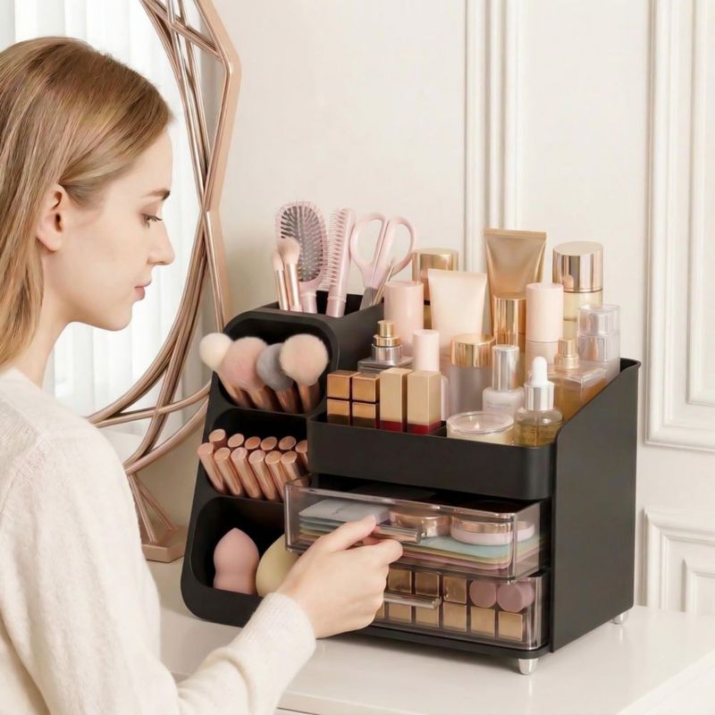 CADDY Asdbko Organizador de Maquillaje Negro con Porta Brochas