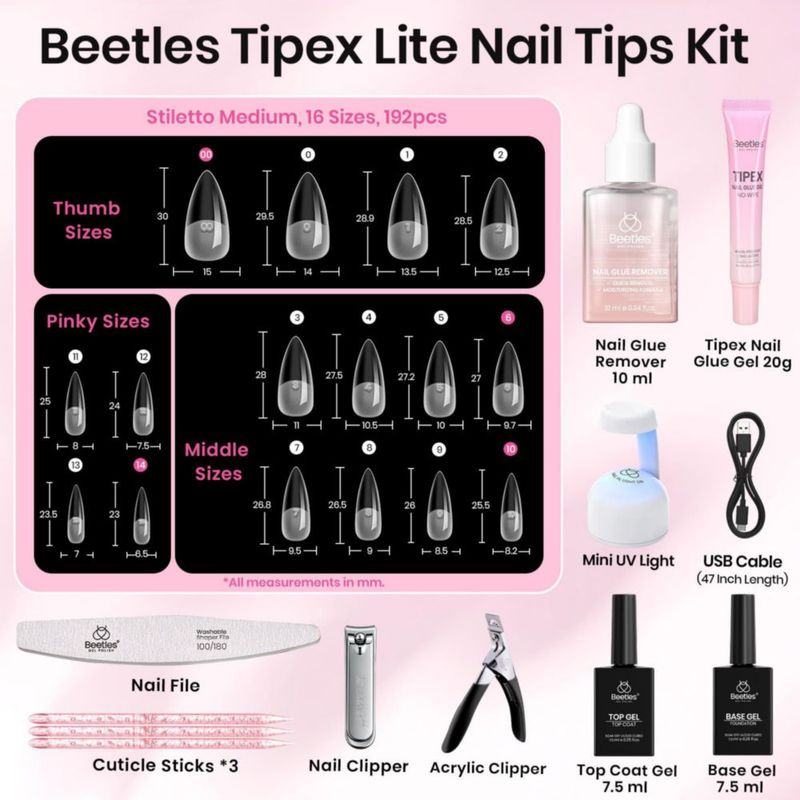 Tips de uñas beetles Gel Polish 192 piezas 16 tamaños