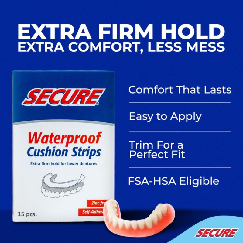 Tiras adhesivas para dentadura Secure impermeables sin zinc - paquete de 30